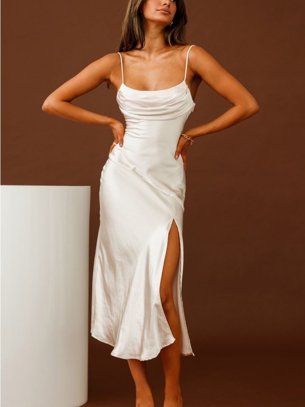Satin Ivory Slip Midi Dress with Cowl Neck and Side Slit